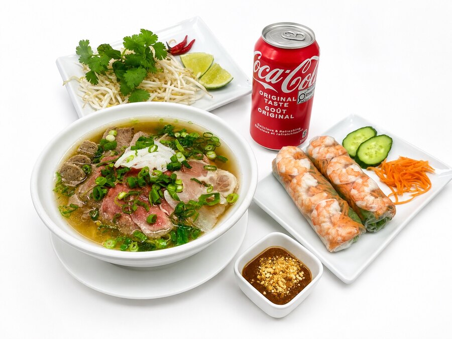 C1 Pho Combo with pho, shrimp fresh rolls and a soft drink