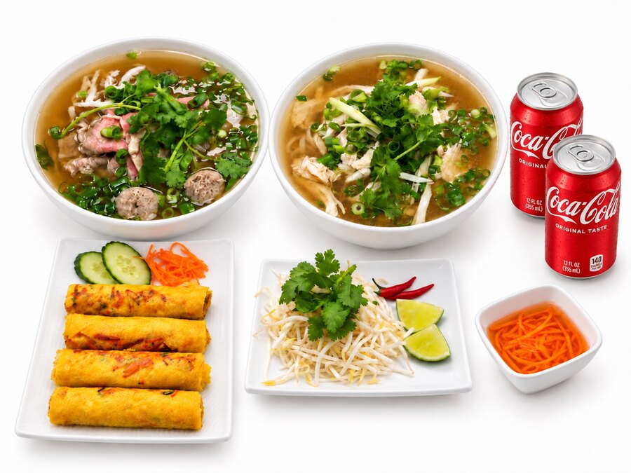C2 Pho Duo Combo with two bowls of pho, four spring rolls and two soft drinks