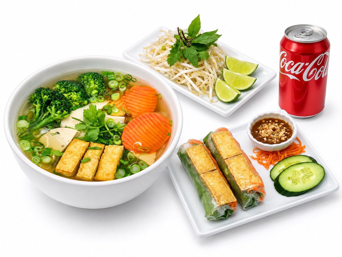 C21 Vegan Pho Combo with an appetizer and a soft drink
