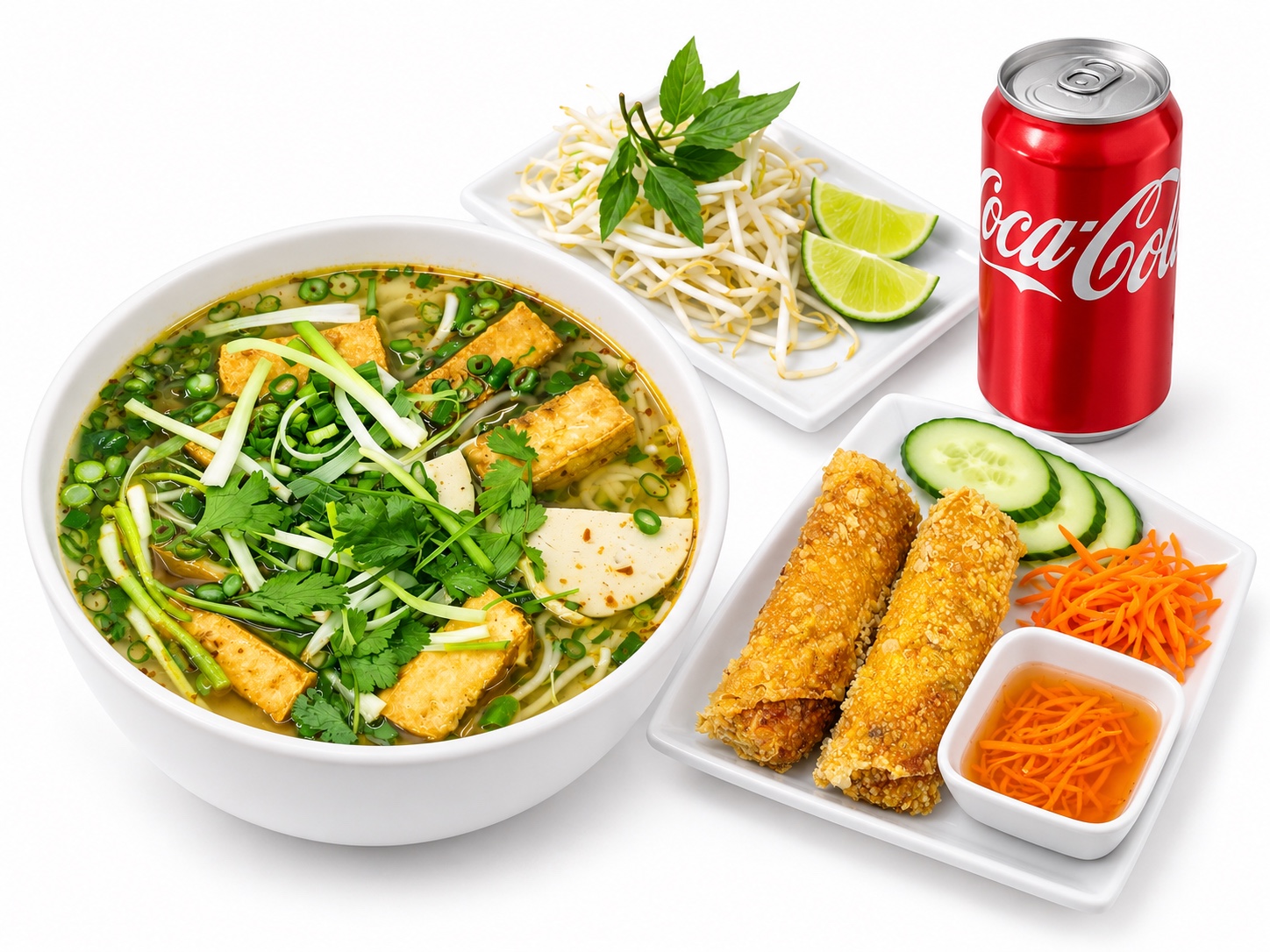 C23 Vegan Spicy Hue Noodle Soup Combo with an appetizer and a soft drink