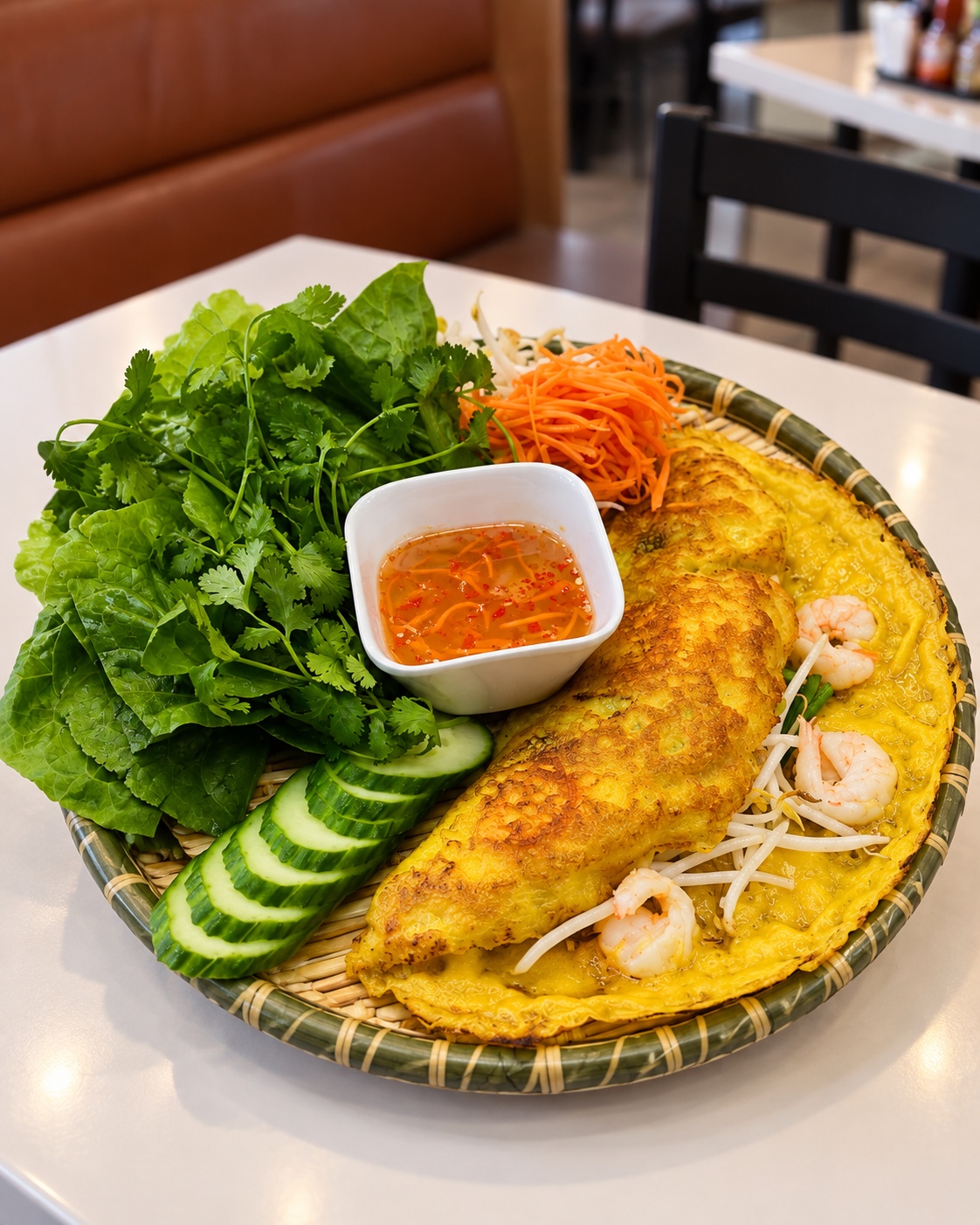 Bánh xèo platter with herbs and dipping sauce