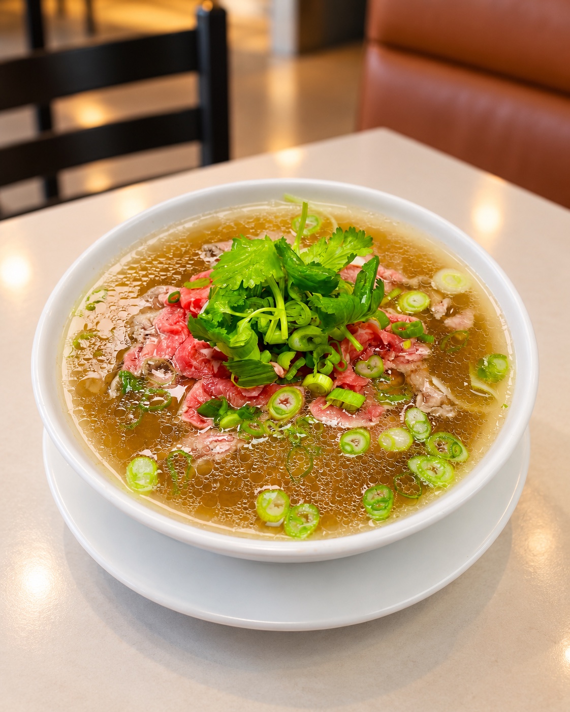 Rare beef pho served at Pho Queen