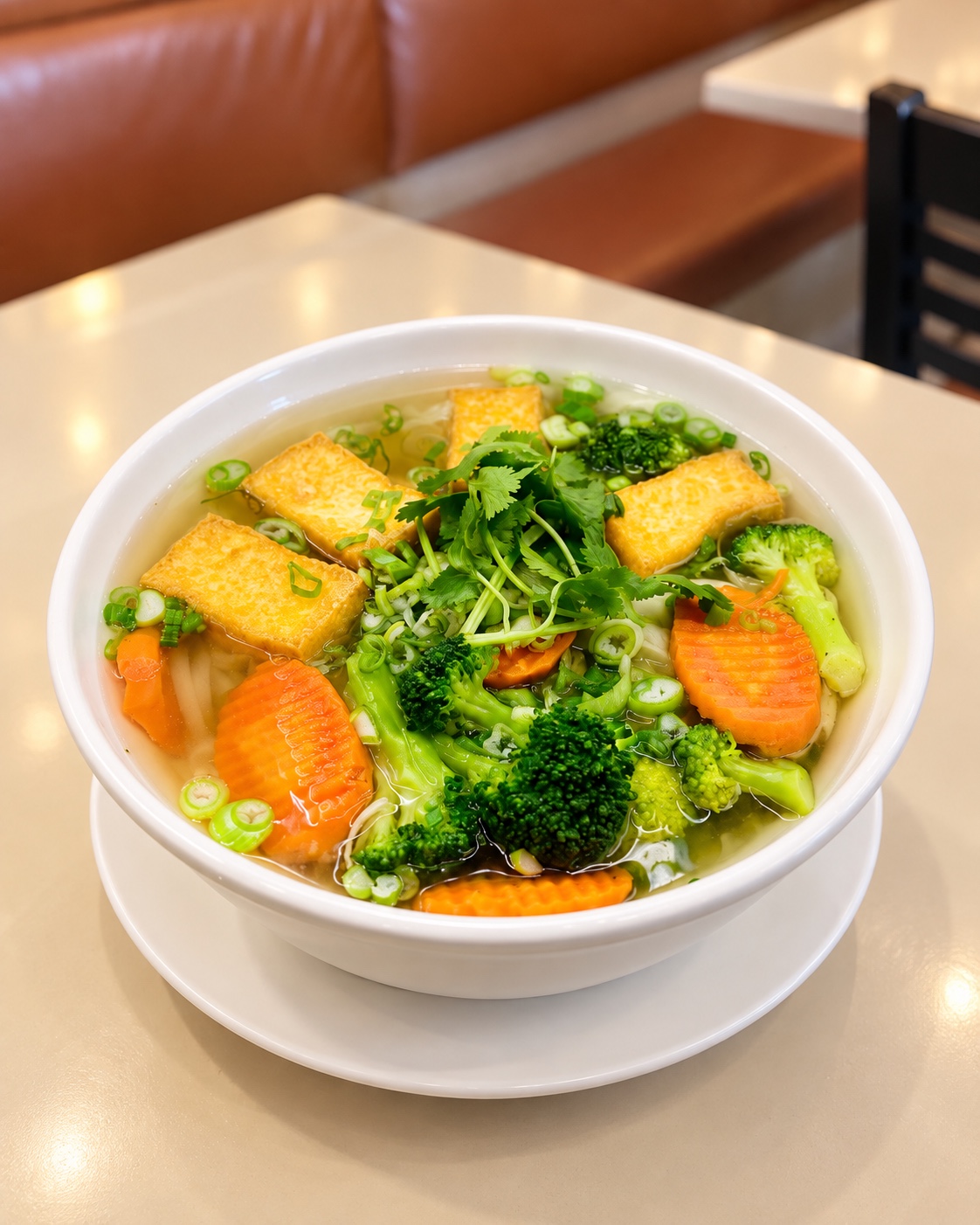 Vegan pho with tofu and vegetables